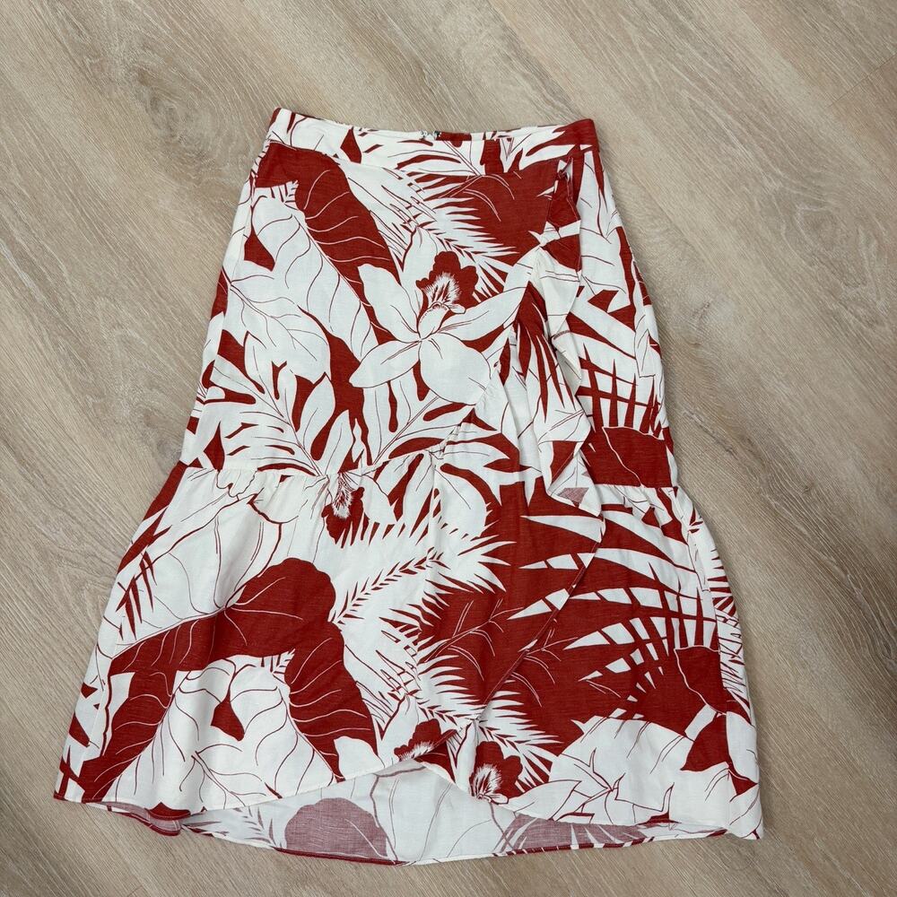 Women’s Madewell Linen Blend Ruffle Wrap MIDI Skirt In Tropical Vacation 4